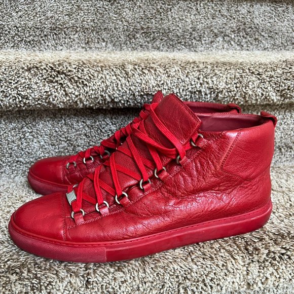 Balenciaga Arena Men's Red Leather High Top Sneakers. - Picture 2 of 14